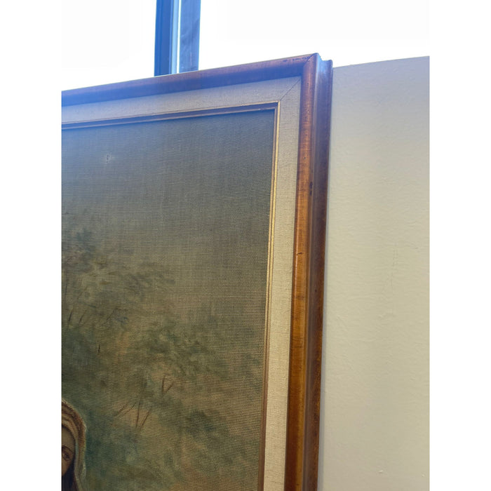 Vintage Framed and Signed Original Painted Portrait of a Woman on Fabric.