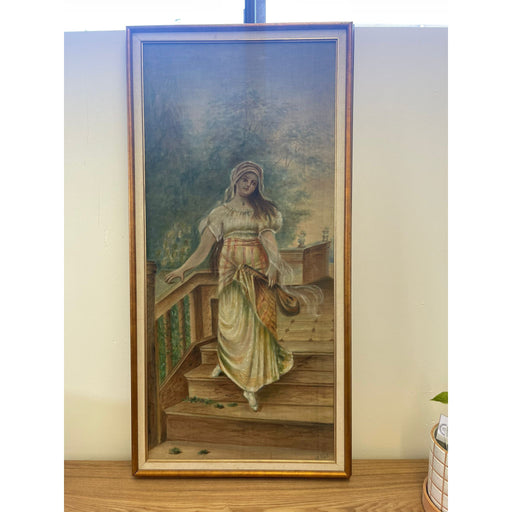 Vintage Framed and Signed Original Painted Portrait of a Woman on Fabric.