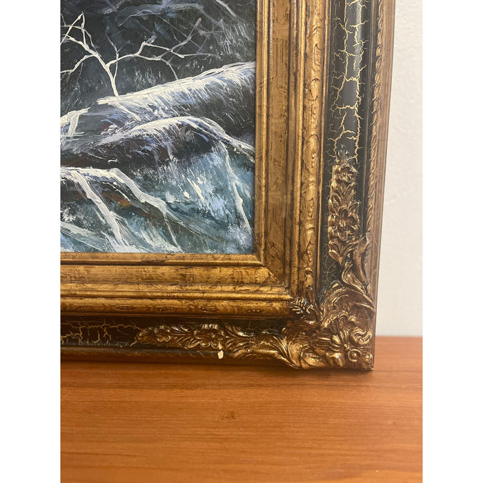 Vintage Framed and Signed Painting of Wolves in the Woods