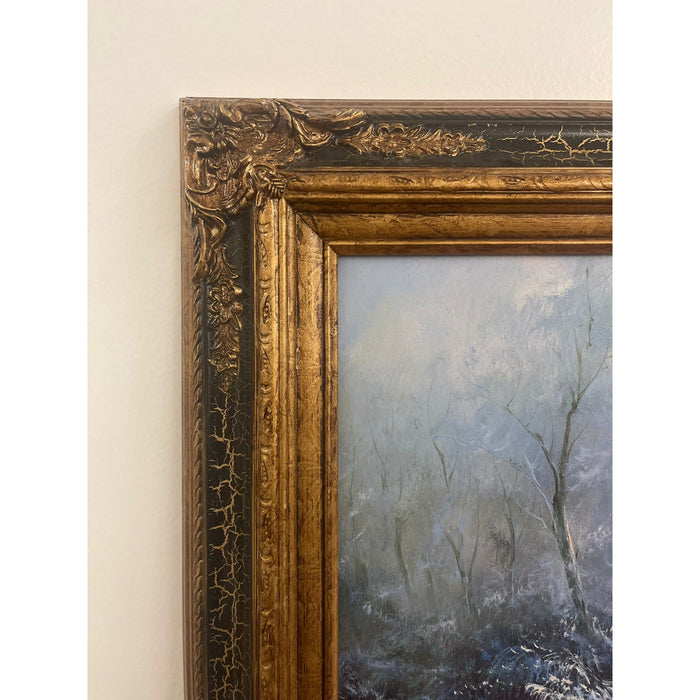 Vintage Framed and Signed Painting of Wolves in the Woods