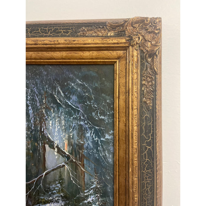 Vintage Framed and Signed Painting of Wolves in the Woods