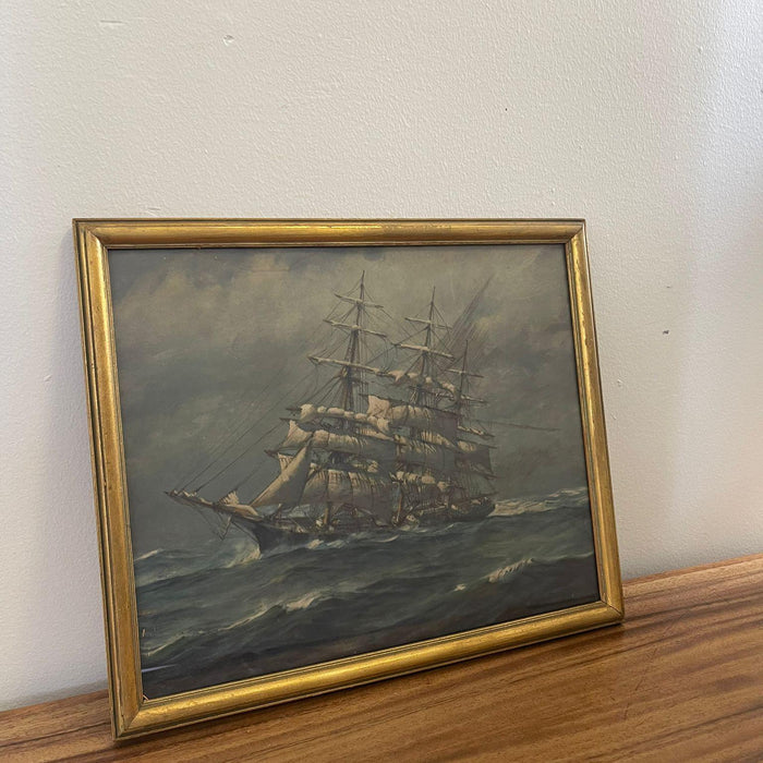 Vintage Framed and Signed Print of Sail Boat at Sea.