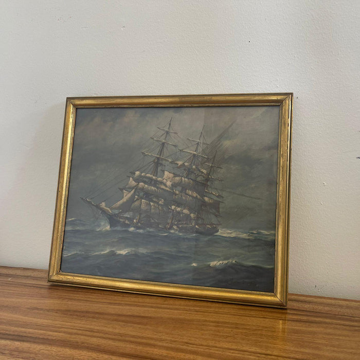 Vintage Framed and Signed Print of Sail Boat at Sea.