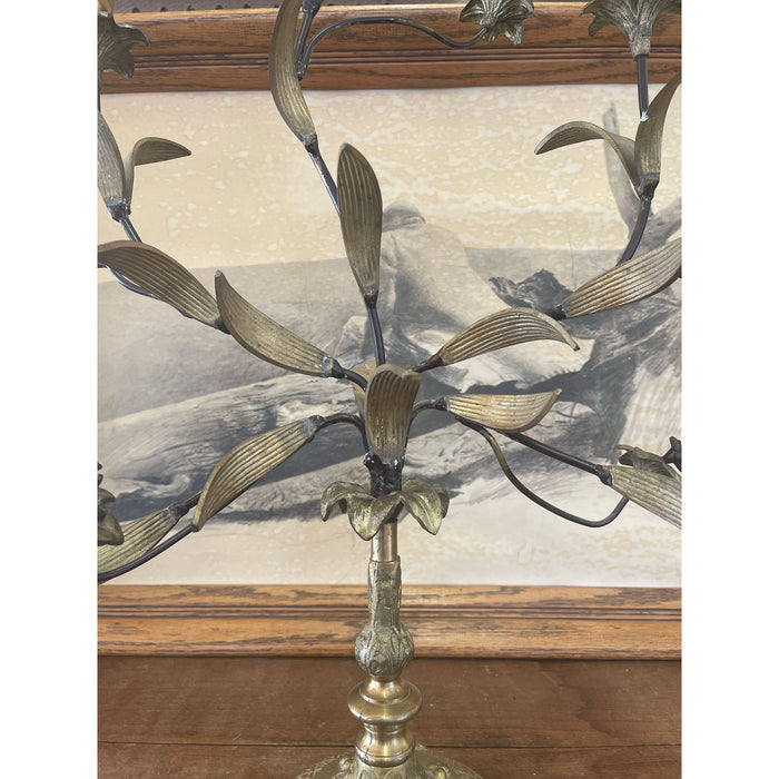 Vintage French Style Brass and Metal Candelabra With Sculpted Lillie’s and Leaves.