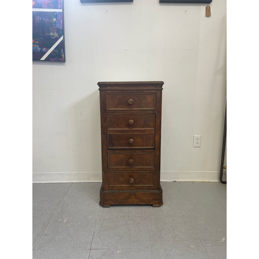 Vintage French Style Burl Wood Cabinet Nightstand With Marble Top.