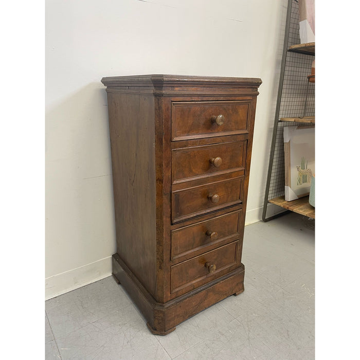 Vintage French Style Burl Wood Cabinet Nightstand With Marble Top.