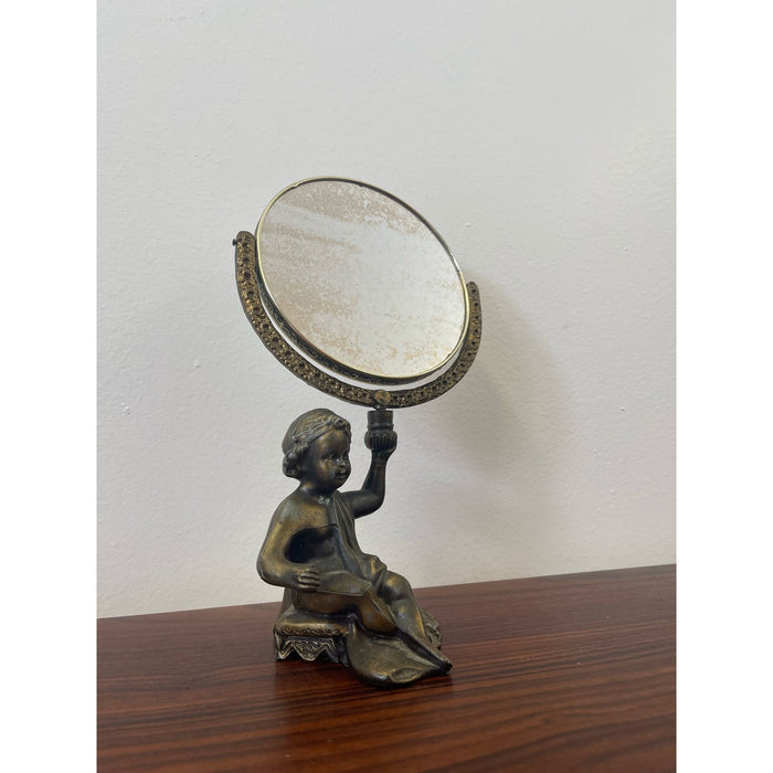 Vintage French Style Double Sided Vanity Mirror With Cherub Sculpture Stand.