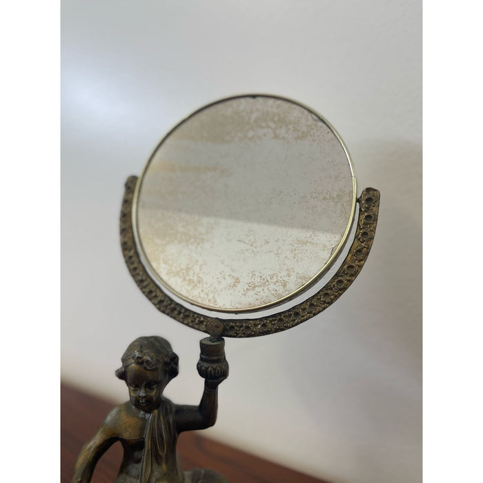 Vintage French Style Double Sided Vanity Mirror With Cherub Sculpture Stand.