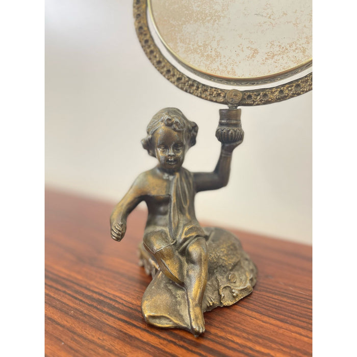 Vintage French Style Double Sided Vanity Mirror With Cherub Sculpture Stand.