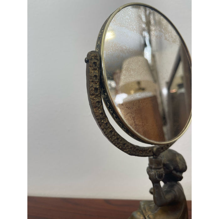 Vintage French Style Double Sided Vanity Mirror With Cherub Sculpture Stand.