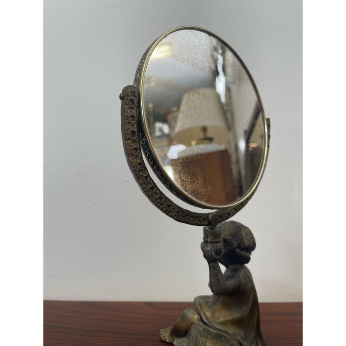 Vintage French Style Double Sided Vanity Mirror With Cherub Sculpture Stand.
