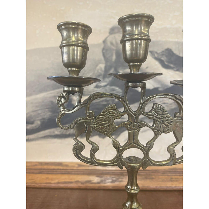 Vintage Gold Toned Candelabra With Lion Motif
