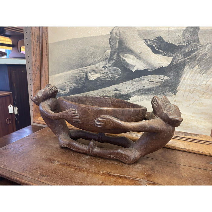 Vintage Hand Carved Wooden Bowl With Figurines.