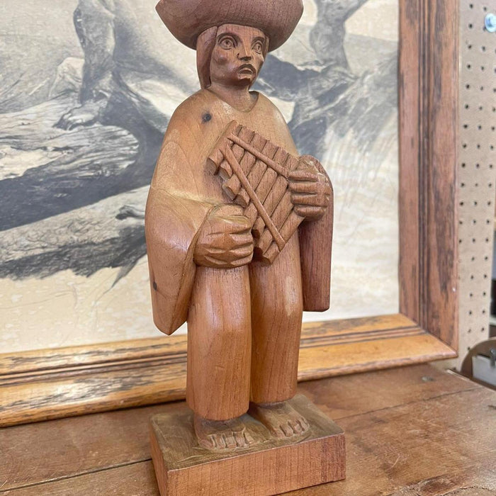 Vintage Hand Carved Wooden Figurines With Flute From Ecuador by Akios Industries