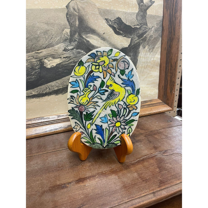 Vintage Hand Painted Ceramic Oval Tile With Parrot Motif.