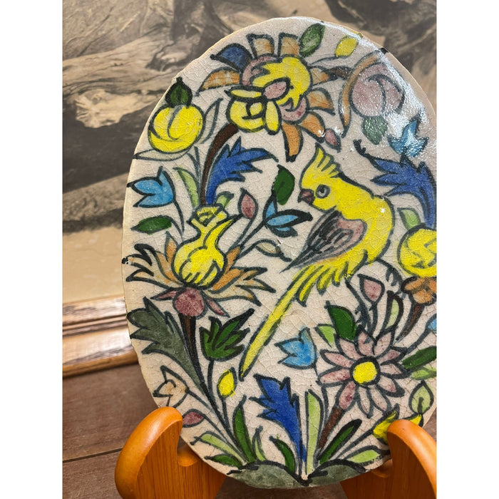 Vintage Hand Painted Ceramic Oval Tile With Parrot Motif.