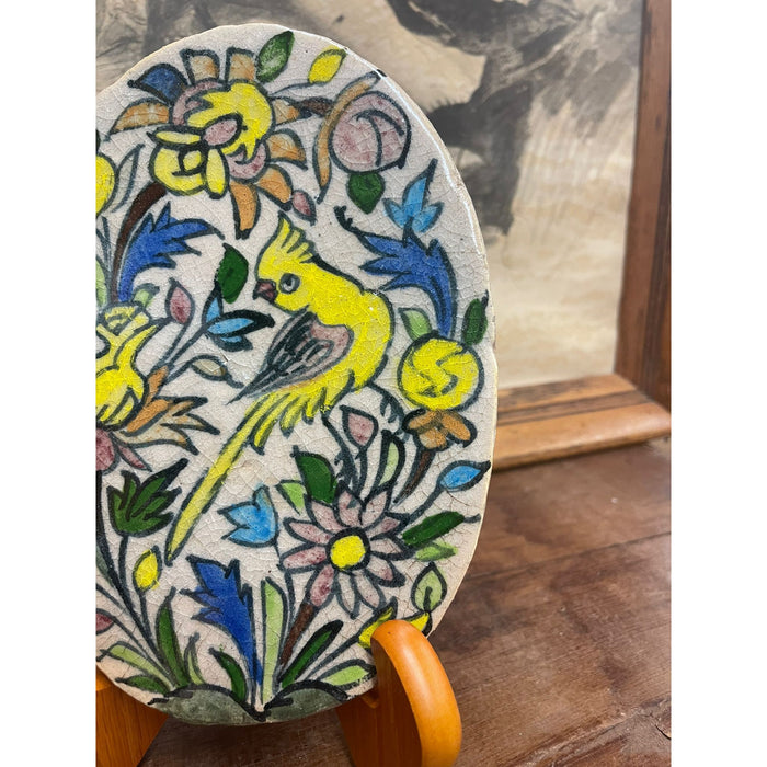 Vintage Hand Painted Ceramic Oval Tile With Parrot Motif.
