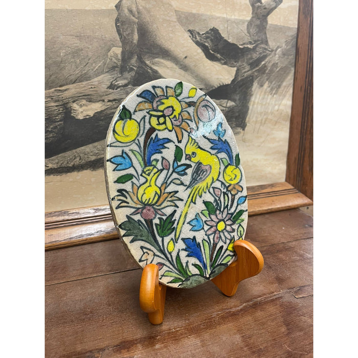 Vintage Hand Painted Ceramic Oval Tile With Parrot Motif.