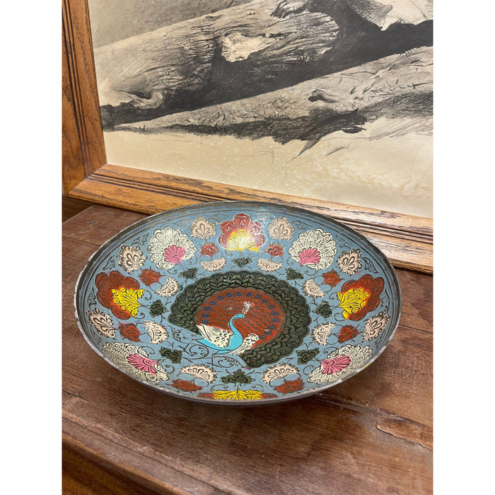 Vintage Hand Painted Raised Bowl with Ornate Peacock Motif