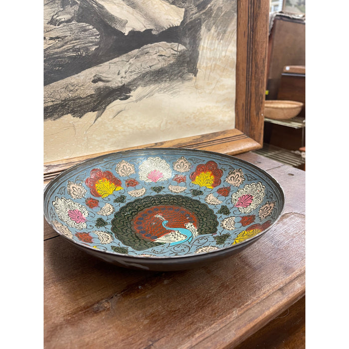 Vintage Hand Painted Raised Bowl with Ornate Peacock Motif