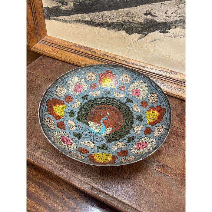 Vintage Hand Painted Raised Bowl with Ornate Peacock Motif