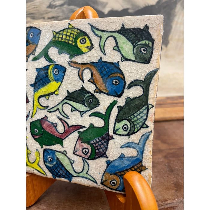 Vintage Hand Painted Tile With Swimming Fish Motif.