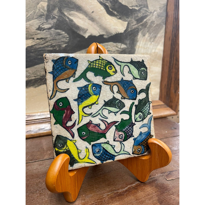 Vintage Hand Painted Tile With Swimming Fish Motif.
