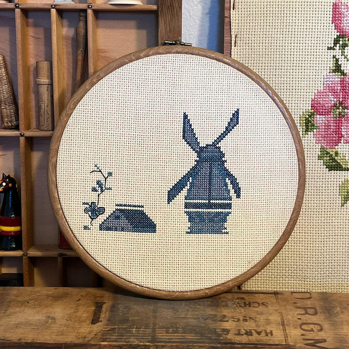 Vintage Handcrafted Finished Cross Stitch Needlepoint Windmill and House. ( Online purchase only )