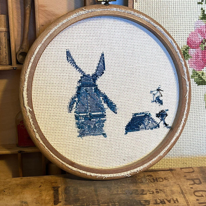 Vintage Handcrafted Finished Cross Stitch Needlepoint Windmill and House. ( Online purchase only )