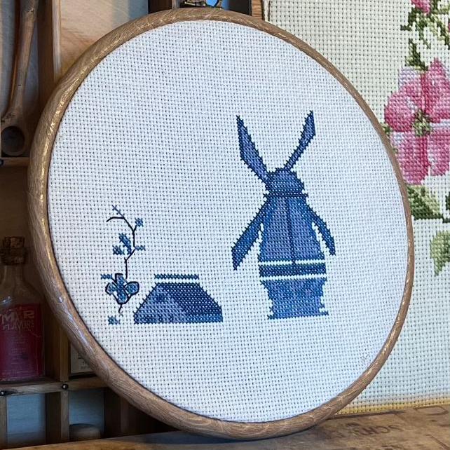 Vintage Handcrafted Finished Cross Stitch Needlepoint Windmill and House. ( Online purchase only )