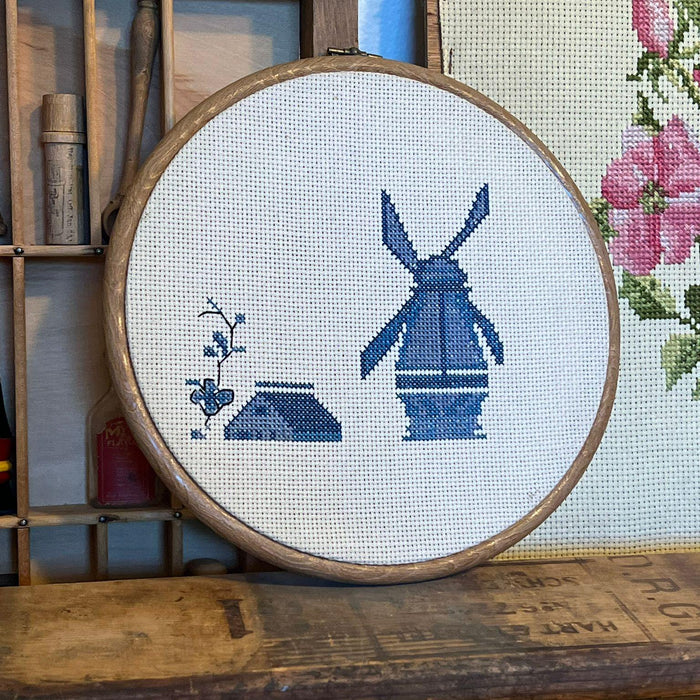 Vintage Handcrafted Finished Cross Stitch Needlepoint Windmill and House. ( Online purchase only )