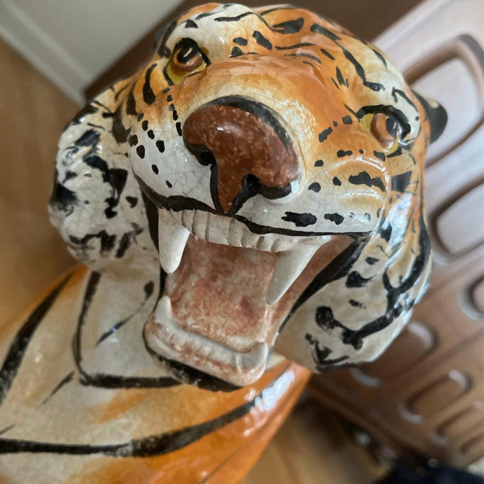 Vintage Italian Ceramic Tiger Statue Sculpture Mid Century Modern Hollywood Regency Style 1950's Stamped(Available by Online Purchase Only)