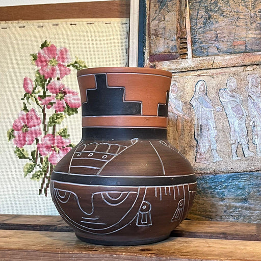 Vintage Leopoldo de Mexico Aztec Mayan Red Clay pottery folk art Vase ( Available by Online Purchase Only)