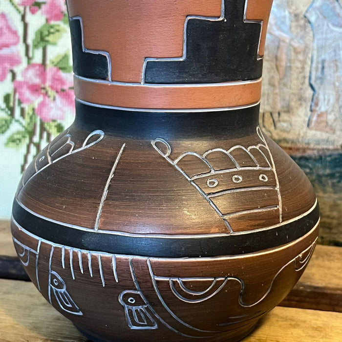 Vintage Leopoldo de Mexico Aztec Mayan Red Clay pottery folk art Vase ( Available by Online Purchase Only)