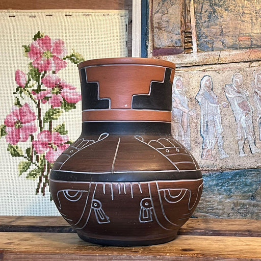 Vintage Leopoldo de Mexico Aztec Mayan Red Clay pottery folk art Vase ( Available by Online Purchase Only)