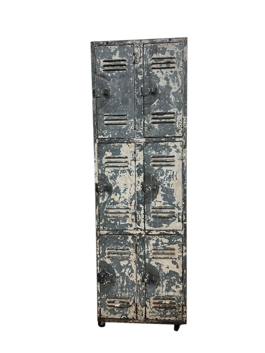 Vintage Metal Locker Cabinet 6 Lockers Fixed Shelves Latching Door on Casters (Available by online purchase only)