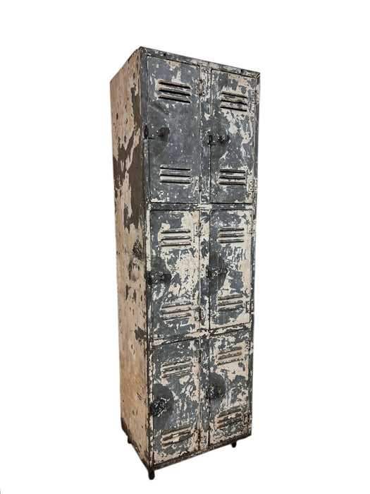 Vintage Metal Locker Cabinet 6 Lockers Fixed Shelves Latching Door on Casters (Available by online purchase only)