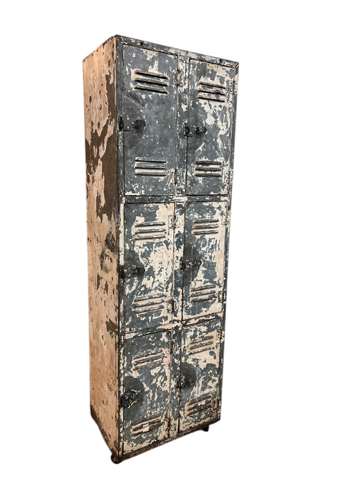 Vintage Metal Locker Cabinet 6 Lockers Fixed Shelves Latching Door on Casters (Available by online purchase only)
