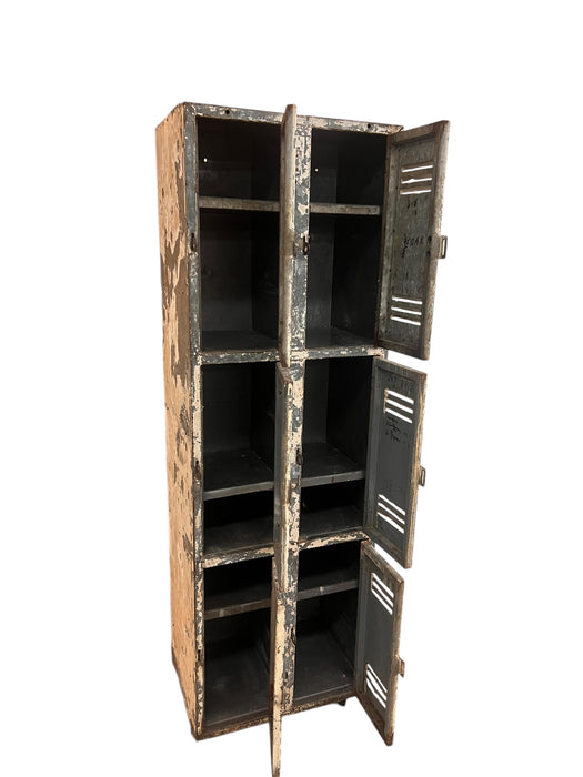 Vintage Metal Locker Cabinet 6 Lockers Fixed Shelves Latching Door on Casters (Available by online purchase only)