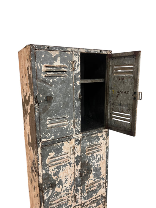 Vintage Metal Locker Cabinet 6 Lockers Fixed Shelves Latching Door on Casters (Available by online purchase only)