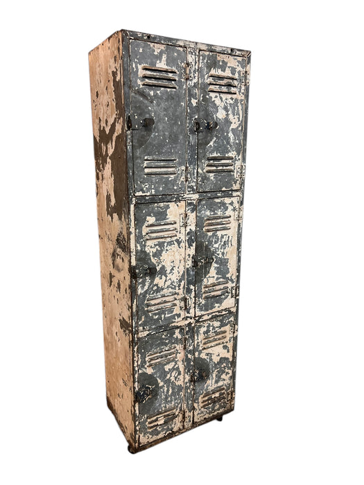 Vintage Metal Locker Cabinet 6 Lockers Fixed Shelves Latching Door on Casters (Available by online purchase only)