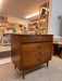 Vintage Mid Century Modern 3-Drawer Walnut Dreser with Original Handles & Brass Finished Metal Capped Tapered Legs