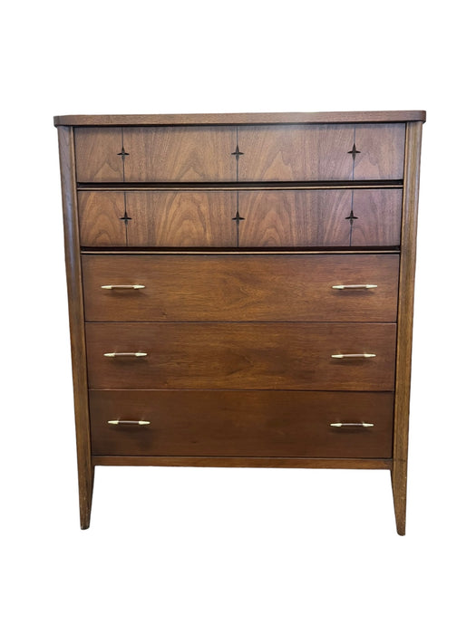 Vintage Mid Century Modern 5 Drawer Walnut Wood Dresser by Broyhill with Signature Star Inlays