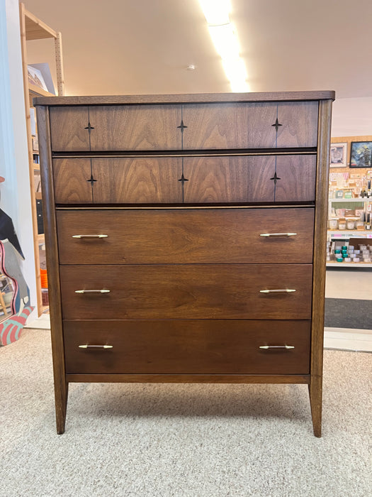 Vintage Mid Century Modern 5 Drawer Walnut Wood Dresser by Broyhill with Signature Star Inlays