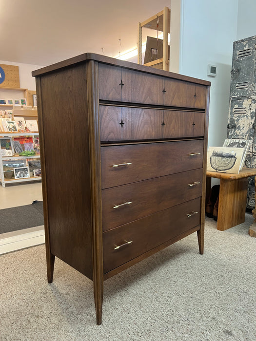 Vintage Mid Century Modern 5 Drawer Walnut Wood Dresser by Broyhill with Signature Star Inlays