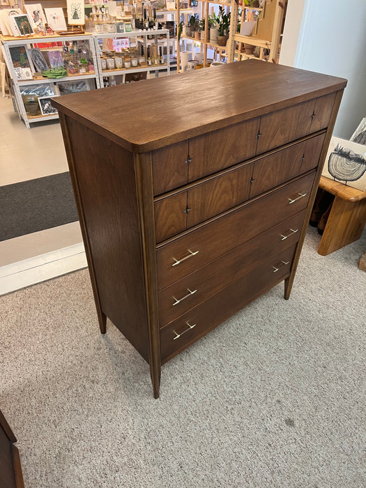 Vintage Mid Century Modern 5 Drawer Walnut Wood Dresser by Broyhill with Signature Star Inlays