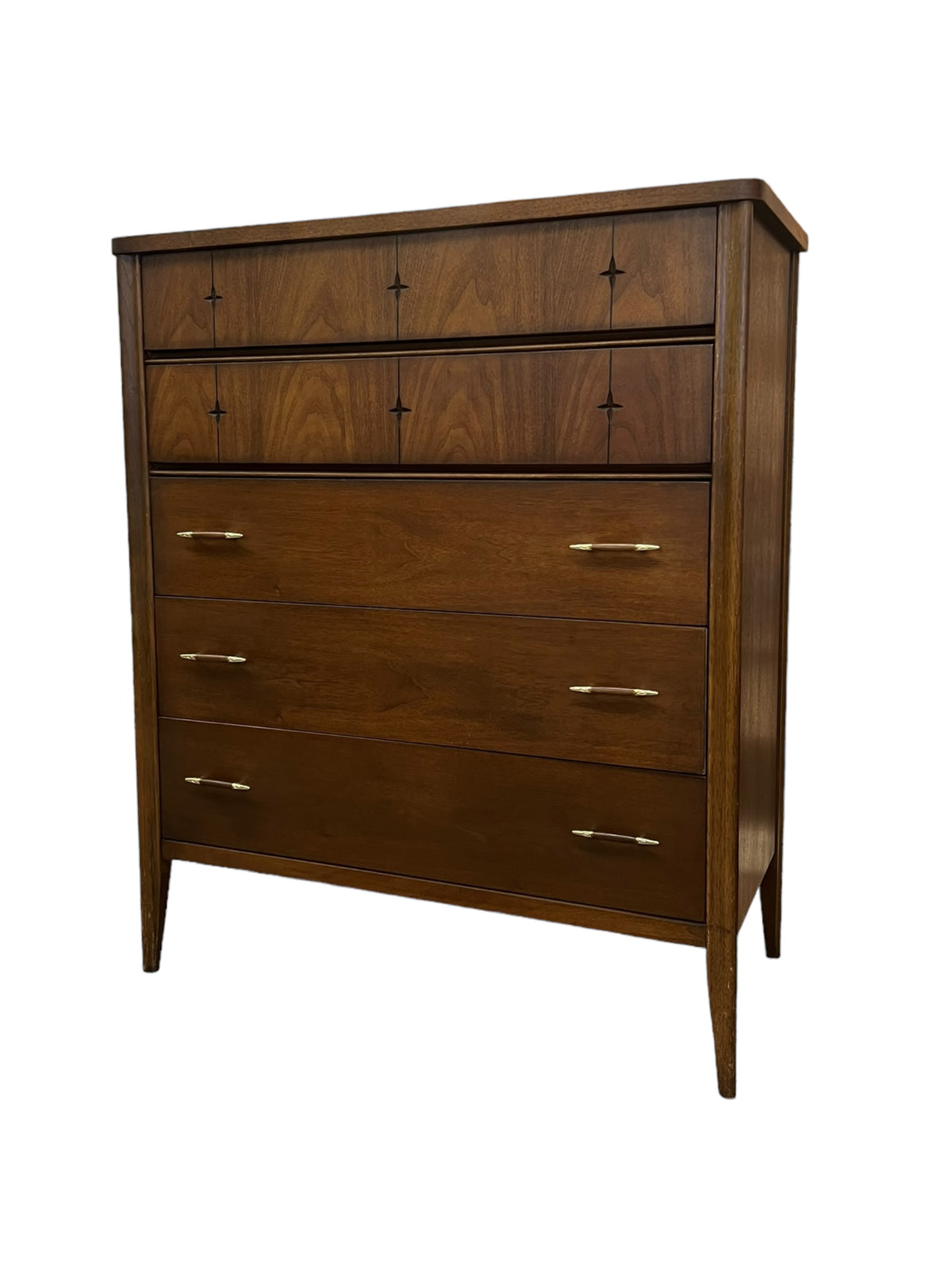 broyhill vintage mid century modern saga 5 drawer walnut dresser Vintage Mid Century Modern 5 Drawer Walnut Wood Dresser by Broyhill with  Signature Star Inlays