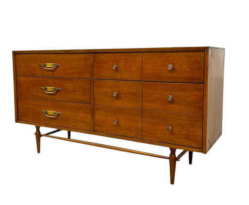 Vintage Mid-Century Modern 6-Drawer Walnut Dresser with Brass Toned Hardware