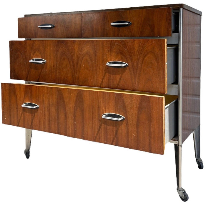 Vintage Mid Century Modern Dresser By Raymond Loewy For Hill Rom Walnut With Casters (Available for Online Purchase Only)