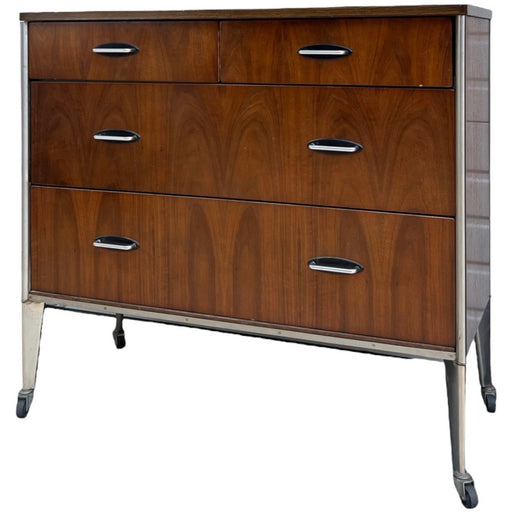 Vintage Mid Century Modern Dresser By Raymond Loewy For Hill Rom Walnut With Casters (Available for Online Purchase Only)